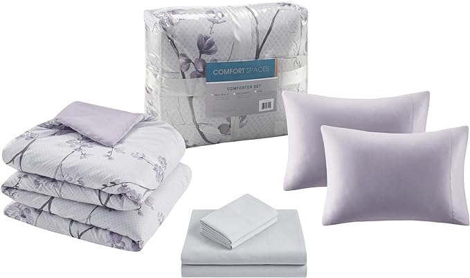 Comfort Spaces Bed in A Bag - Trendy Casual Design Cozy Comforter with Complete Sheet Set with Side Pocket, All Season Cover, Matching Shams King(104"x90"), Kate, Grey/Purple 9 Piece - LeafyLoom