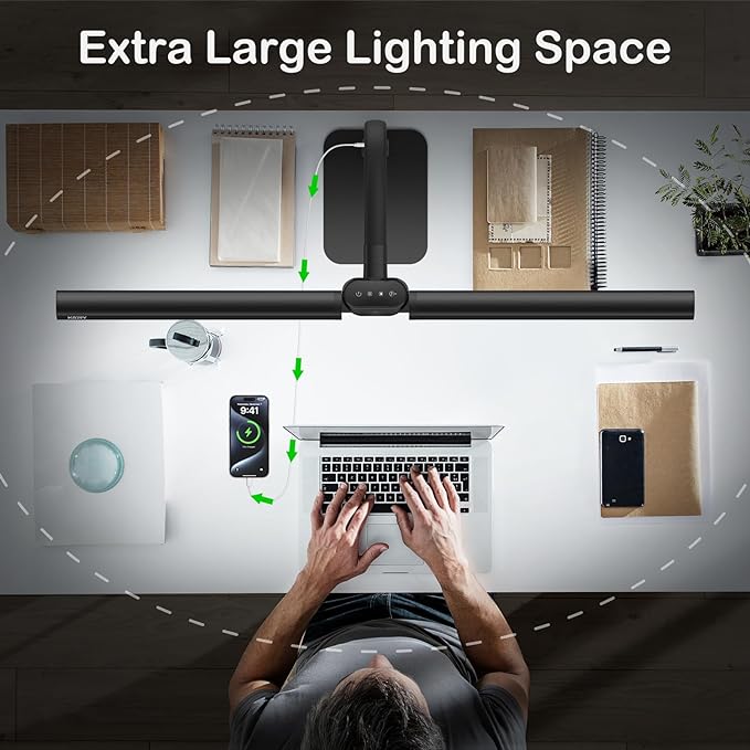 Desk Lamp with USB Charging Port for Home Office 24w Architect Remote Base Dual Task Led Light Modern 5 Color Modes Dimmable Adjustable Gooseneck Double Head Reading Drafting Eye Caring Tall Lamps - LeafyLoom