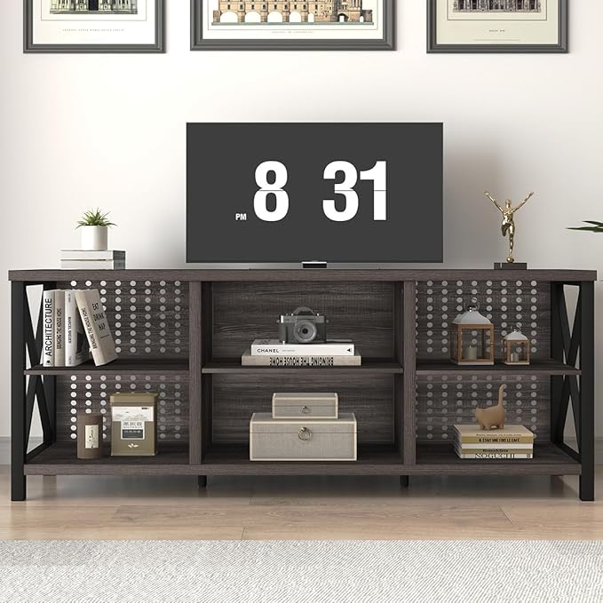 LVB Gray TV Stand for 75 Inch TV, Long Rustic Wood Entertainment Center, Large Farmhouse Media tv console with Storage, Metal Industrial television stands Cabinet for Bedroom, Dark Gray Oak, 63 Inch - LeafyLoom