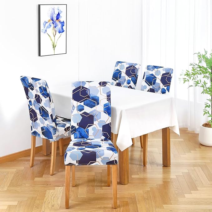 Gibelle Dining Room Chair Covers Set of 4, Soft Stretch Kitchen Chair Covers Slipcover Protector, Removable Washable Geometric Parson Chair Covers 4 Pack, Royal Blue Gibelle