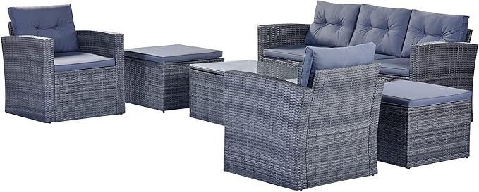 Merax Furniture 6-Piece All-Weather PE Rattan Patio Outdoor Conversation Set with Coffee Table,Wicker Sofas,Ottomans,Removable Cushions,Grey - LeafyLoom