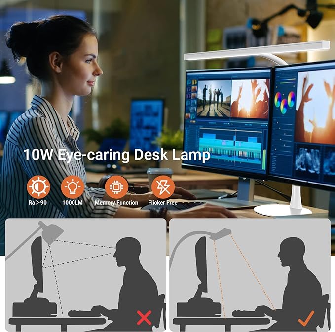 LED Piano Desk Lamp, 15.7" Wide Computer Desk Lamp, 10W Bright Tall Flexible Task Lamp for Monitor, Workbench, 3 Color Modes & 30 Brightness, 1000LM - LeafyLoom