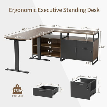 FEZIBO 66 Inch Executive L Shaped Standing Desk with 2-Drawer File Cabinet, Electric Height Adjustable Stand up Desk, Home Office Modern Wood Computer Desk with Shelves, Black Frame/Dark Walnut Top - LeafyLoom