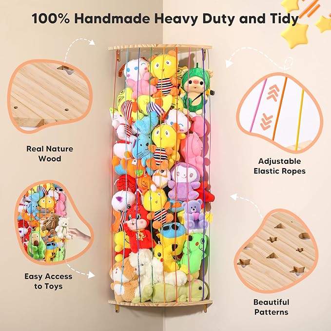 Stuffed Animal Storage Toy Organizer, Wood Corner Plushies Storage Wall Shelf Adjustable Length Stuffed Animal Holder, Large Kids Toy Storage for Nursery Playroom Bedroom Kid Room - LeafyLoom