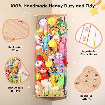 Stuffed Animal Storage Toy Organizer, Wood Corner Plushies Storage Wall Shelf Adjustable Length Stuffed Animal Holder, Large Kids Toy Storage for Nursery Playroom Bedroom Kid Room - LeafyLoom