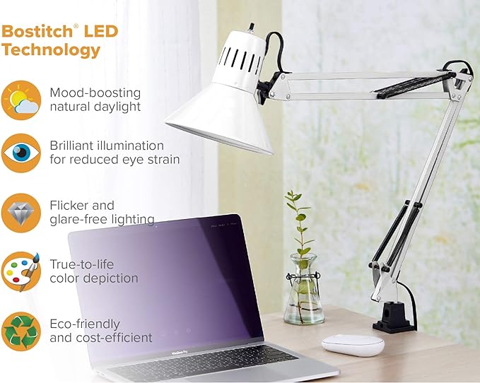 Bostitch Office VLF100-WHT Swing Arm Desk Lamp with Clamp Mount, 36" Reach with Multi-Joint Adjustment, Includes Replaceable LED Bulb (VLF), White - LeafyLoom