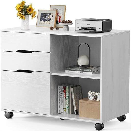 Sweetcrispy 3-Drawer File Cabinet, Lateral Mobile Filing Cabinet Wood Under Desk Storage Organizer with Wheels, Printer Stand & Open Shelves for Home Office Organization - White - LeafyLoom