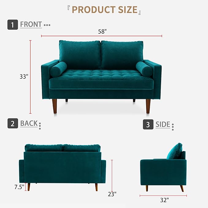 Velvet Furniture for Small Spaces, Mid-Century Modern Loveseats for Living Room, Love Seat Couch Sofas, 58 Inches, Teal Blue - LeafyLoom