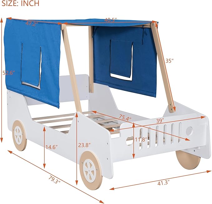 Twin Size Kids Car Bed with Tent Canopy & Wheels,Wood Bedframe W/Safty Grille,Raised Base Design,Easy Assembly,Toddler Boys Car-Shaped Bedroom Beds for Reading Playing Relaxing,White+Natural - LeafyLoom