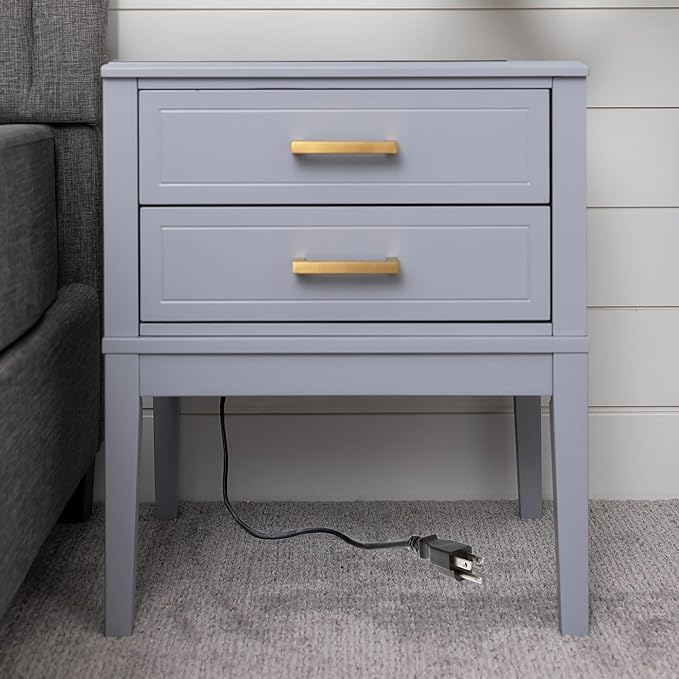 2 Drawer Side Table with Charging Station - Mid Century Modern with Polished Gold Handles, 2 USB Ports & 2 Outlets - Multifunctional Smart Bedside Table Nightstand for Your Home - 24" Tall (Gray) - LeafyLoom