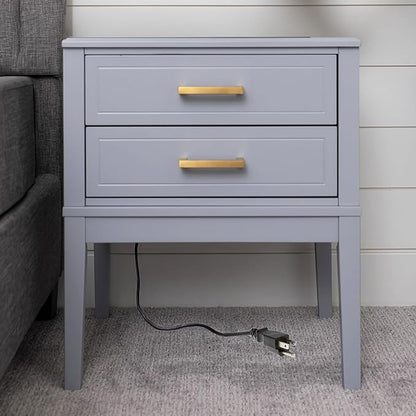 2 Drawer Side Table with Charging Station - Mid Century Modern with Polished Gold Handles, 2 USB Ports & 2 Outlets - Multifunctional Smart Bedside Table Nightstand for Your Home - 24" Tall (Gray) - LeafyLoom