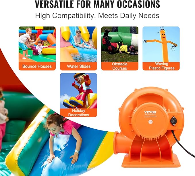 VEVOR Inflatable Blower, 900W, 1 HP & 1.2 HP Bounce House Blower, Commercial-grade Air Blower for Inflatables, 3300 RPM, Bouncy Castle Electric Blower Perfect for Bounce House, Waterslides, ETL Listed - LeafyLoom