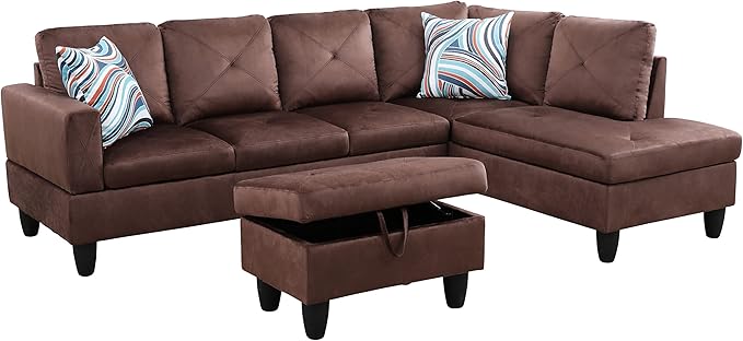 L-Shape Sectional Sofa with Storage Ottoman, 4-Seat Couch with Chaise Fabric Upholstered for Living Room, Apartment, Office, Brown - LeafyLoom