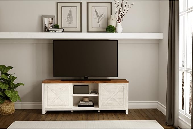 Hillsdale Columbus Wood Entertainment Console, 64 Inch, White Oak with Walnut Top - LeafyLoom