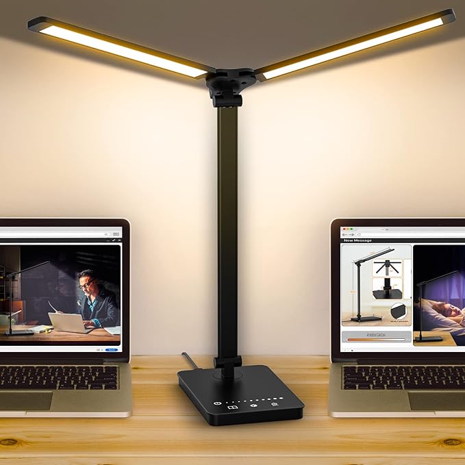 Adjustable Foldable Desk Lamp for Home Office - Double Swing Arm Bright LED Desk Light, Eye-Caring Architect Task Lamp, Touch Control Desktop Lamp Dimmable Table Desk Light for Work/Study/Craft - LeafyLoom