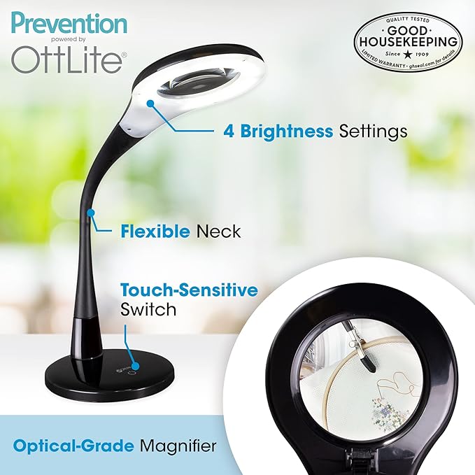 OttLite LED Desk Lamp with Adjustable Magnifier, Prevention Series - Designed to Reduce Eyestrain - Adjustable Flexible Neck, 4 Brightness Settings & Touch Controls - Crafting, Reading & Studying - LeafyLoom