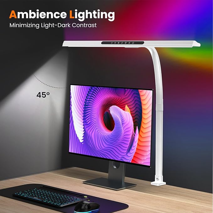 LED Desk Lamp with RGB Backlight, 24W Ultra Bright Architect Workbench Desk Lamps, 60" Timer, 25 Lighting Modes,Eye Protection Clamp Light for Home Office Gaming Reading Working(White) - LeafyLoom