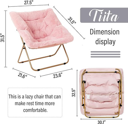 Tiita Comfy Saucer Chair, Soft Faux Fur Oversized Folding Accent Chair, Lounge Lazy Chair for Kids Teens Adults, Metal Frame Moon Chair for Bedroom, Living Room, Dorm Rooms, X-Large Pink - LeafyLoom