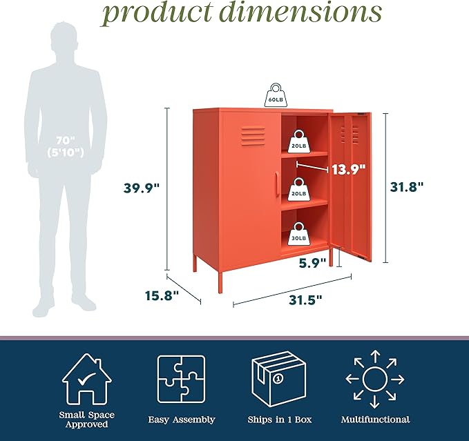 Novogratz Cache 2 Door Metal Locker Storage Cabinet, Orange - LeafyLoom