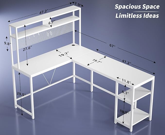 L Shaped Desk with Hutch & Pegboard - Reversible 67" L Shaped Gaming Desk with LED Lights, Corner Computer Desk with Storage Shelves, White - LeafyLoom