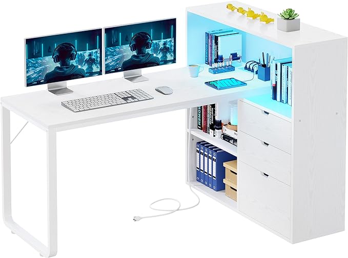 YITAHOME L Shaped Desk with Power Outlets & LED Lights & File Cabinet, 55" Corner Computer Desk with 3 Drawers & 3 Storage Shelves, Home Office Desk with Bookshelf, White - LeafyLoom