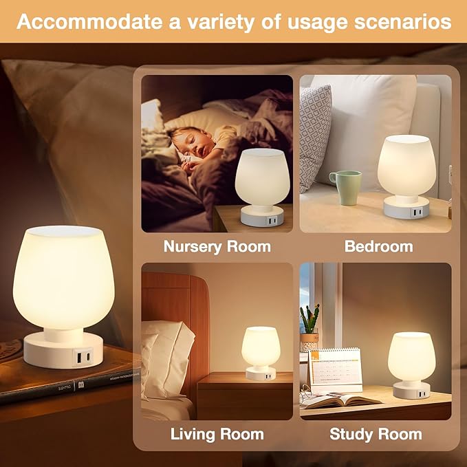 Kakanuo Bedside Table Lamps with Glass Shade, Touch Control, Dual USB A+C Charging Ports, Nightstand Lamps, 3-Way Dimmable, Bulbs Included, Set of 2 - LeafyLoom