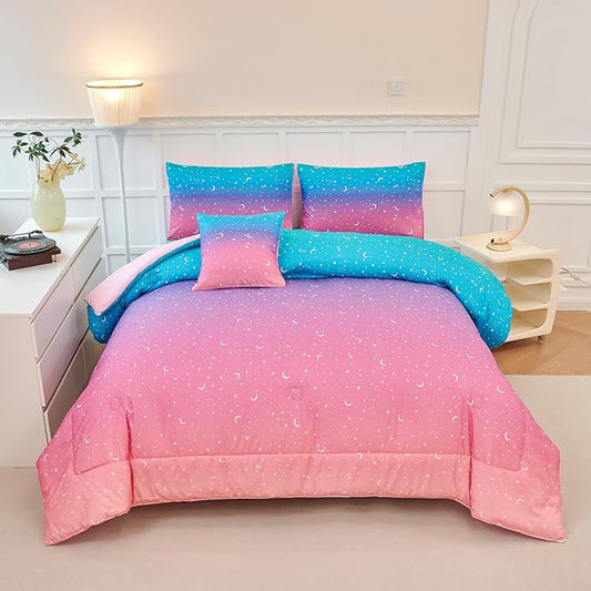 URBONUR 6 Pieces Full Size Comforter Set for Girls Moon Star Printed Bedding Set Gradient Pink Purple Blue, Soft Microfiber All Season Kids Bed Sets (Full Size, 6PCS) - LeafyLoom