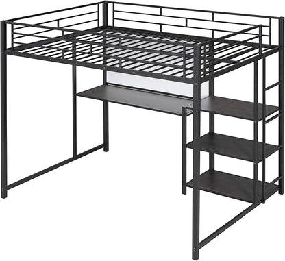 RITSU Full Size Loft Bed, Heavy Duty Metal Bunk Bedframe with Desk and Whiteboard, Safety Guardrail Fence & Ladder, 3 Big Storage Shelves, for Kids, Teens, Black - LeafyLoom