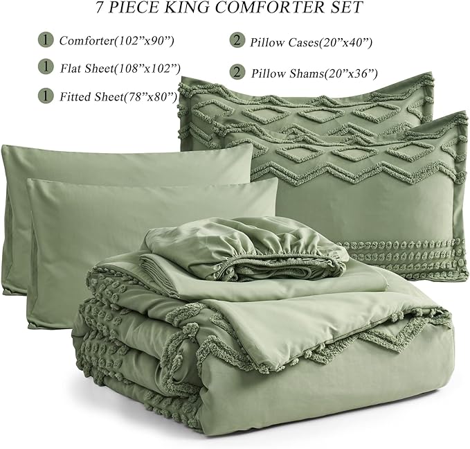 Sage Green Tufted Comforter Set King Size 7 Piece Bed in a Bag, Shabby Chic Boho Comforter and Sheet Set, Pom Pom Textured Bed Set, All Season Soft Microfiber Complete Bedding Set(Green,King) - LeafyLoom