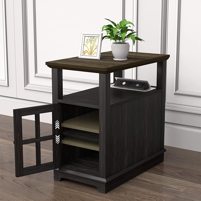 HIFYOBRO End Table with Hidden Charging Station, Narrow Side Table with Storage, Nightstand for Small Spaces with USB Ports & Power Outlets - LeafyLoom