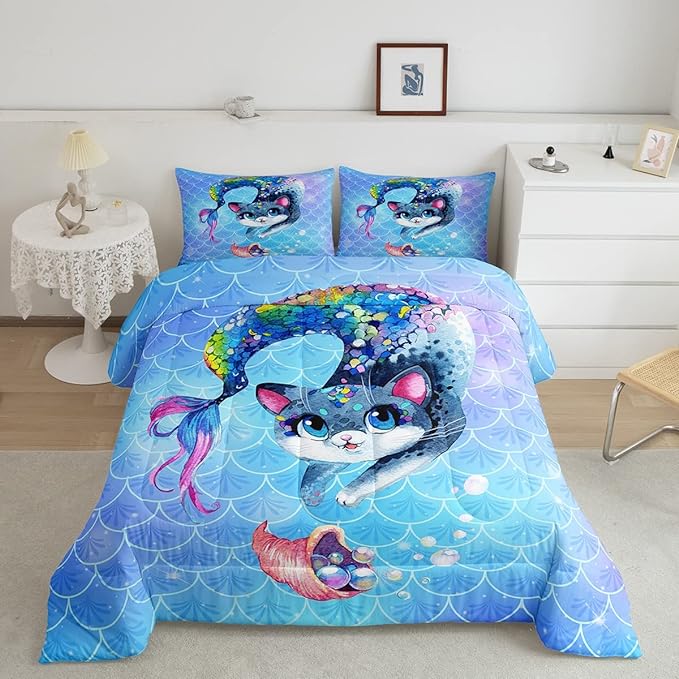 Rainbow Cartoon Cat Bed Sheet Set Colorful Mermaid Comforter Set for Kids Boys Girls Teens Room Decor Blue Mermaid Scales Bedding Set Set Ocean Gradient Style Bed Cover 2Pcs Twin Size - LeafyLoom