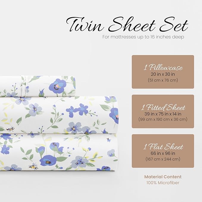 Linen Market 3 Piece Twin Sheets (Light Blue Floral) - Sleep Better Than Ever with These Ultra-Soft & Cooling Bed Sheets for Your Twin Size Bed - Deep Pocket Fits 16" Mattress - LeafyLoom