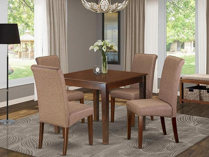 East West Furniture OXBA5-MAH-18 Oxford 5 Piece Dining Room Set Includes a Square Wooden Table and 4 Brown Linen Fabric Upholstered Parson Chairs, 36x36 Inch - LeafyLoom