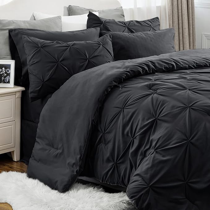 Bedsure Black Comforter Set Queen - Bed in a Bag Queen 7 Pieces, Pintuck Bedding Sets Black Bed Set with Comforter, Sheets, Pillowcases & Shams - LeafyLoom