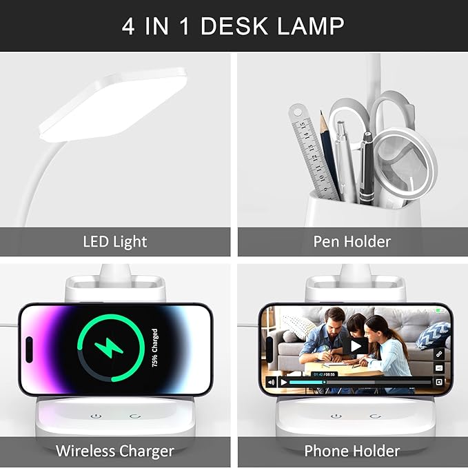 LED Desk Lamp with Wireless Charger for Home Office, Small with Pen Holder, 800LM,3 Color Modes,Gooseneck, Eye-Caring White Desk Lamps for Home College Dorm Room - LeafyLoom