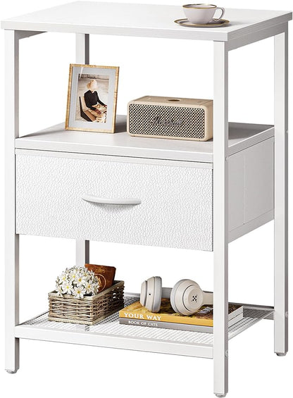 Night Stand with Fabric Drawer, Side Table with Mesh Shelf, Bedroom Nightstand, Fabric Drawer Dresser, Open Shelf, Metal Frame, Couch Side, White - LeafyLoom