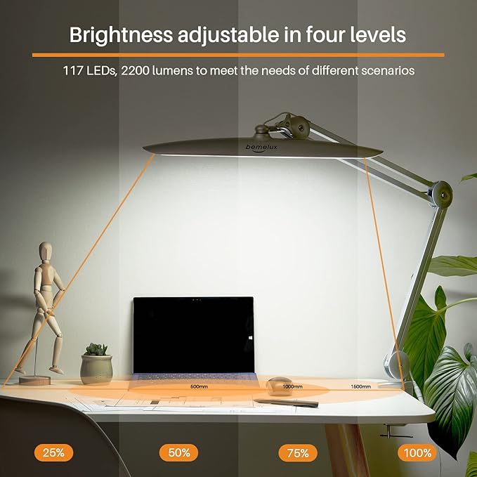 LED Desk Lamp with Clamp, Dimming Task Lamp for Reading Desktop Office Workbench Table Architect Sewing Study Home Craft, Bright 117PCS LEDs, 2200 Lumens 20 Inch Metal Swivel Arm Work Lamp - LeafyLoom