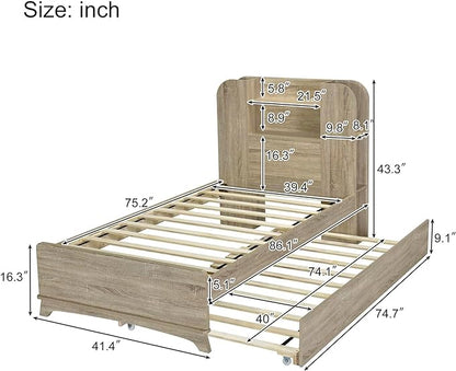 Merax Twin Bed Frame with Trundle and Bookcase Headboard,Kids Wood Platform Bed with Pull Out Bed and Light Strip in Headboard - LeafyLoom