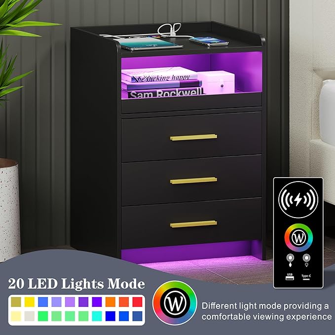 RGB Nightstand-Bedside-End-Table with USB &Wireless Charging Station: Smart Nightstand for Sofa Table with Human-Body Inductions, Modern Bedroom Furniture with Drawers for Living Room, Black - LeafyLoom