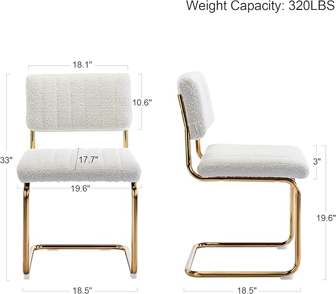 ONEVOG Cozy Boucle Dining Chair Set of 2, Upholstered White Dining Room Chairs with Gold Legs, Famous Cantilevered Design Comfort Dinner Chairs, Sturdy Stainless Chrome Base - LeafyLoom