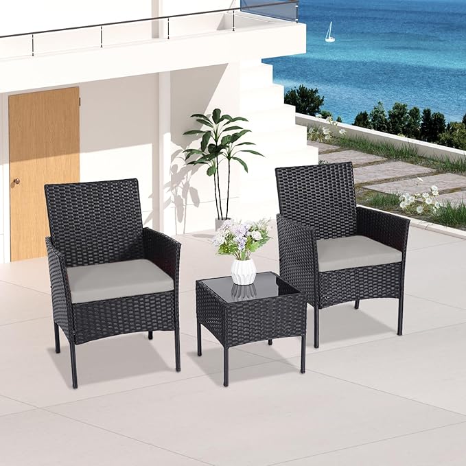 Patio Furniture Set 3 Pieces All-Weather Rattan Outdoor Furniture Patio Chairs with Tempered Glass Table for Porch Bistro Balcony Bistro Set(Black/Grey-2) - LeafyLoom