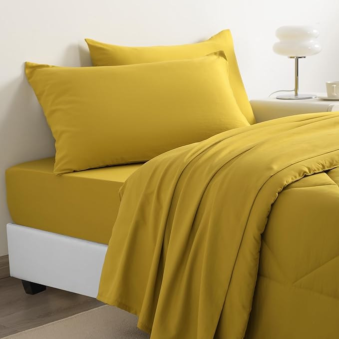 NTBAY Twin Comforter Set with Sheets, 5 Pieces Soft and Breathable Twin Bedding Set, Twin Bed in a Bag, Down Alternative Comforter Set Solid Color All Season, Kids Bedding Set, Yellow - LeafyLoom