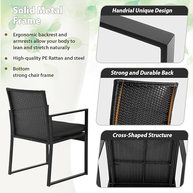 FDW Wicker Patio Chairs Rattan Bistro Set Outdoor Furniture for Backyard Porch Poolside Lawn, Cushion, Black and Black - LeafyLoom