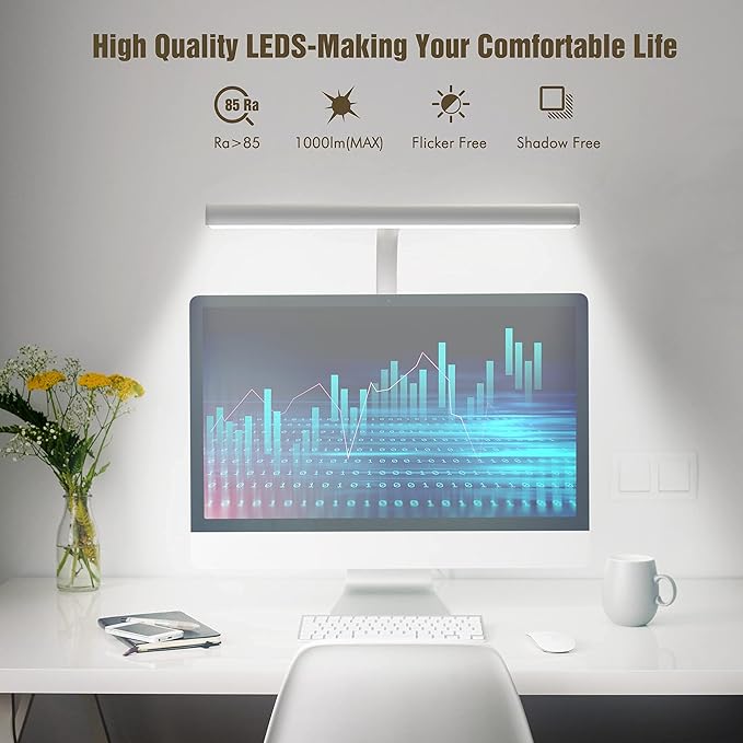 LED Desk Lamp with Clamp, 10W Desk Lamps for Home Office, Eye-caring Computer Monitor Light, 3 Color Modes, Dimmable & Touch Control, Architect Desk Light for Drawing,Workbench-1000LM,White - LeafyLoom