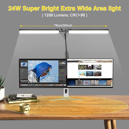 2-in-1 LED Double Head Desk Lamps for Home Office, 24W Brightest Workbench Light, Architect Lamp with Clamp & Base, 3 Colors 10 Dimming Swing Arm Lamp for Reading/Study/Computer Light - LeafyLoom