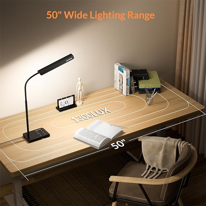 LED Desk Lamp, 12W Reading Desk Lamp for Office Home with 60 Lighting Modes, Touch Control & Timer Function, 750LM Bright Eye-Caring Gooseneck Desk Light Table Lamp for Study, Work, Black - LeafyLoom