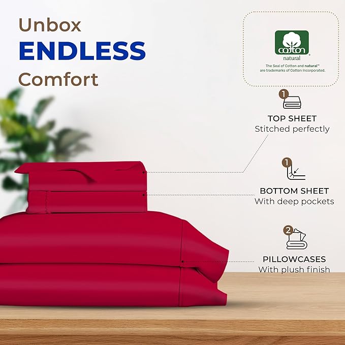 THREAD SPREAD 600 Thread Count Sheets Queen - 100% Egyptian Cotton Sheets Queen Size, 4 PC Luxury Sheets Queen Size, Ultra Soft Queen Sheets & Pillowcases Set, 16" Deep Pocket Cooling Sheet - Red - LeafyLoom