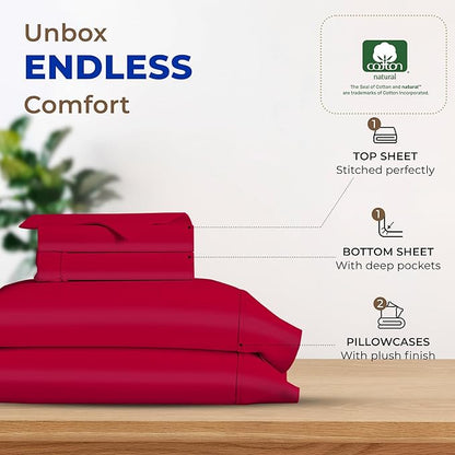 THREAD SPREAD 600 Thread Count Sheets Queen - 100% Egyptian Cotton Sheets Queen Size, 4 PC Luxury Sheets Queen Size, Ultra Soft Queen Sheets & Pillowcases Set, 16" Deep Pocket Cooling Sheet - Red - LeafyLoom