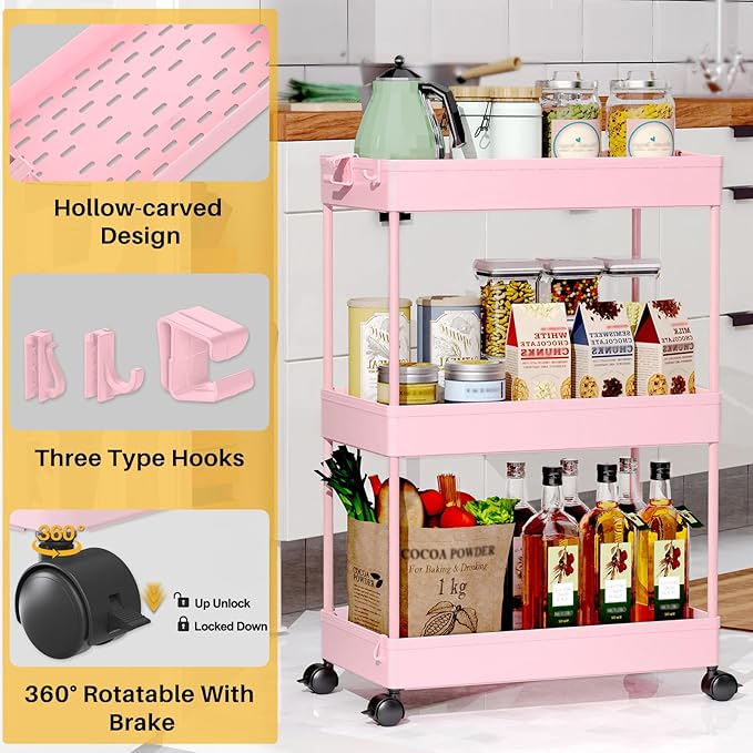 SPACEKEEPER Rolling Storage Cart 3 Tier, Bathroom Cart Organizer Laundry Room Organizer Utility Cart Mobile Shelving Unit Multi-Functional Shelves for Office, Kitchen, Bathroom, Pink - LeafyLoom