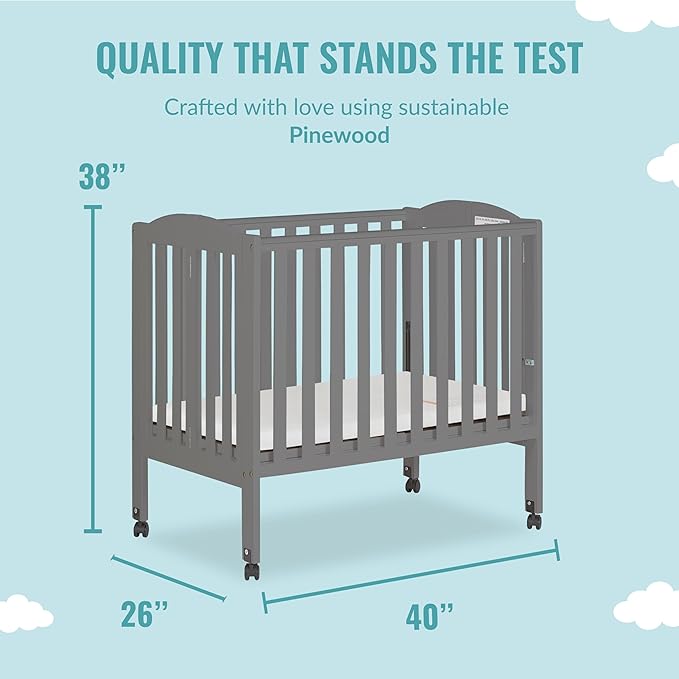 2-in-1 Portable Folding Stationary Side Crib in Storm Grey, Greenguard Gold Certified, Two Adjustable Mattress Height Positions,Made of Solid Pinewood, Flat Folding Crib - LeafyLoom